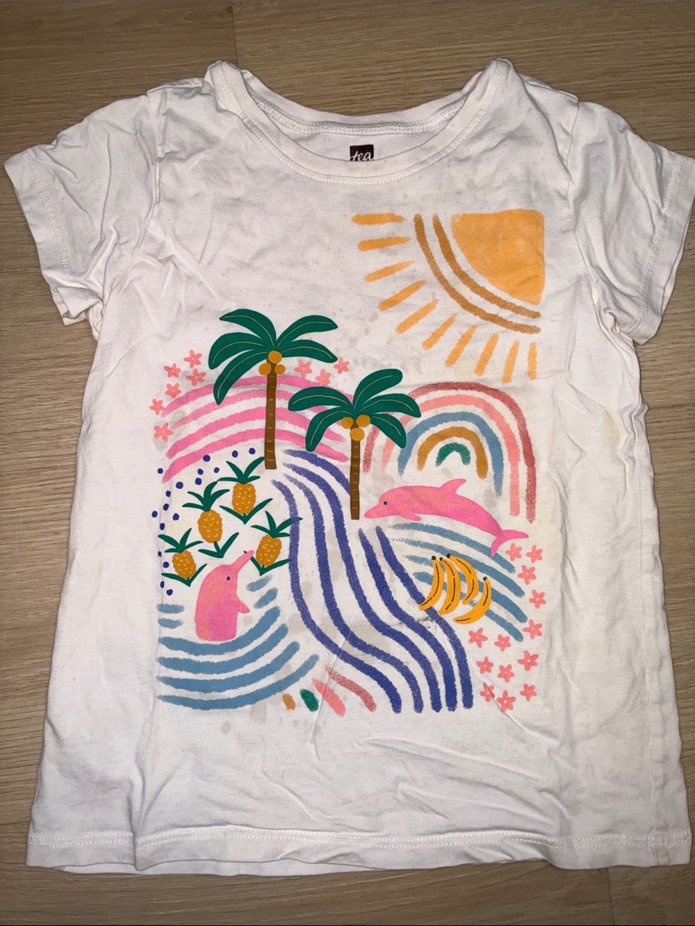 Tea Collection White Tee with Pink Dolphins & Tropical Print